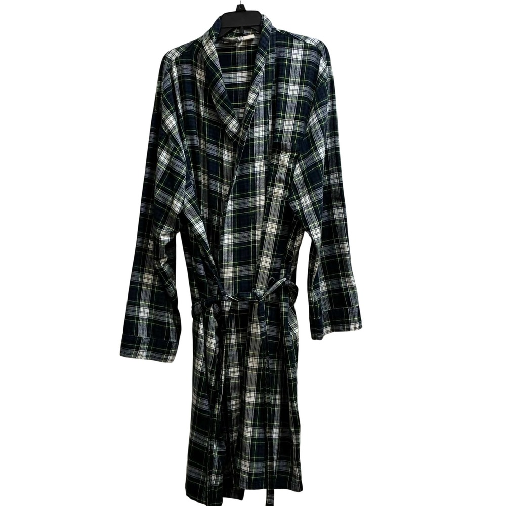 LL Bean Flannel Robe Mens XXL Green Plaid Cotton Loungewear Bathrobe
